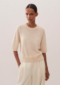 ME AND EM Cashmere Relaxed Crop Tee in Cream Melange | women’s luxe tops | luxury knitted top | womens lightweight jumper