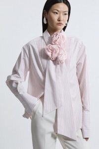 KAREN MILLEN Cotton Stripe Print Rosette Woven Shirt in Pink / women’s striped relaxed fit floral detail shirts