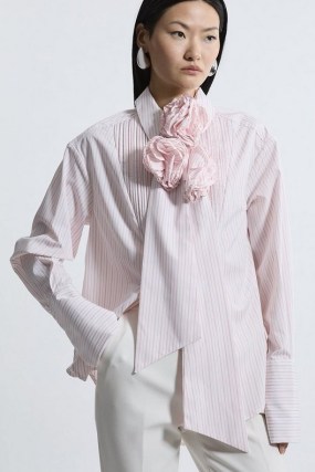 KAREN MILLEN Cotton Stripe Print Rosette Woven Shirt in Pink / women’s striped relaxed fit floral detail shirts