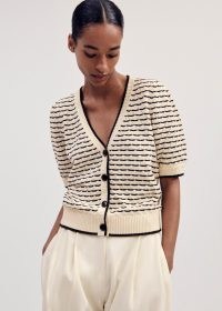 ME AND EM Cotton Textured Stitch Button-Through Tee in Cream/Black | women’s cream and black short sleeve cardigan | women’s chic knitted tops