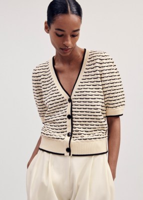 ME AND EM Cotton Textured Stitch Button-Through Tee in Cream/Black | women’s cream and black short sleeve cardigan | women’s chic knitted tops