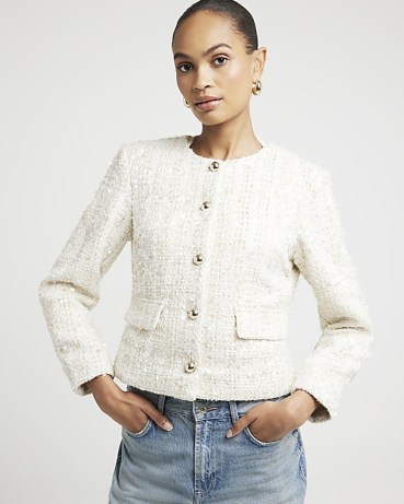 RIVER ISLAND Cream Sequin Boucle Jacket – sequinned jackets