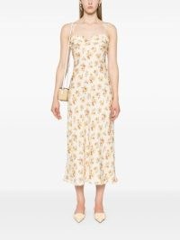 DÔEN White Calsi Floral-Print Midi Dress / silk spaghetti strap dresses / ruffled sweetheart neckline / strappy fashion