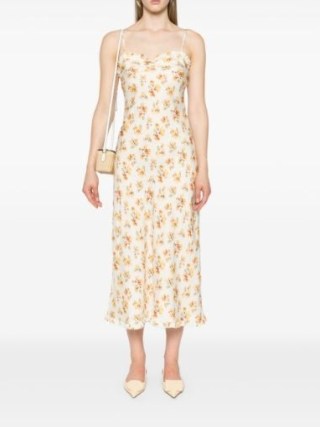 DÔEN White Calsi Floral-Print Midi Dress / silk spaghetti strap dresses / ruffled sweetheart neckline / strappy fashion