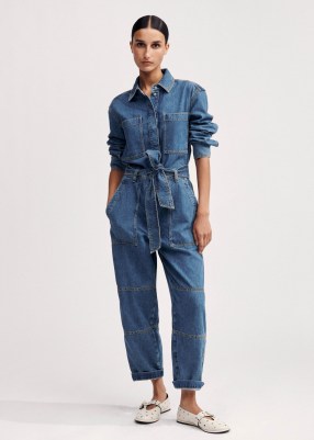 me and em Denim Jumpsuit + Belt Mid Blue Denim / women’s cotton jumpsuits