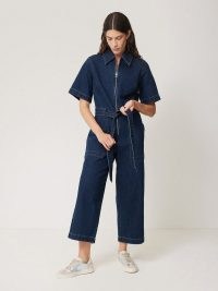 JIGSAW Denim Zip Front Jumpsuit Indigo – women’s blue crop hem tie waist jumpsuits