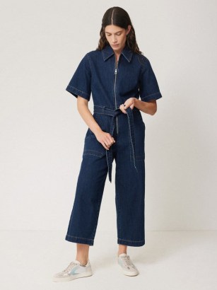 JIGSAW Denim Zip Front Jumpsuit Indigo – women’s blue crop hem tie waist jumpsuits