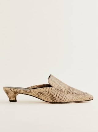 Reformation Hadley Heeled Mule Desert Snake / reptile print snip toe mules / block kitten heels