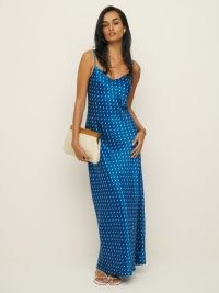 Reformation Parma Silk Dress in Diamante / blue silk maxi slip dresses