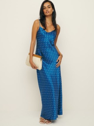 Reformation Parma Silk Dress in Diamante / blue silk maxi slip dresses