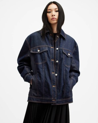 ALLSAINTS Dillan Oversized Denim Bomber Jacket in Navy Blue | women’s casual relaxed fit jackets