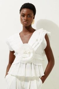 KAREN MILLEN Drama Pleat Ruffle Rosette Woven Top in White / ruffled floral detail tops / romantic clothing