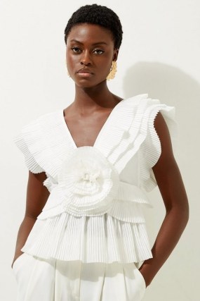 KAREN MILLEN Drama Pleat Ruffle Rosette Woven Top in White / ruffled floral detail tops / romantic clothing