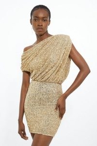KAREN MILLEN Draped One Shoulder Jersey Stretch Sequin Mini Dress in Gold / sequinned asymmetric occasion dresses