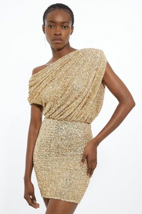 KAREN MILLEN Draped One Shoulder Jersey Stretch Sequin Mini Dress in Gold / sequinned asymmetric occasion dresses