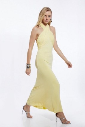 KAREN MILLEN Drapey Crepe Jersey Maxi Dress in Lemon ~ yellow halterneck occasion dresses