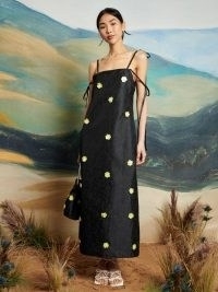 sister jane DREAM WILD HEARTS Fanciful Flower Midi Dress in Coal Black / strappy floral embellished evening dresses