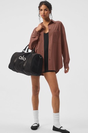 alo yoga DREAMSCAPE BUTTON DOWN LONG SLEEVE in Chestnut ~ women’s brown oversized shirts