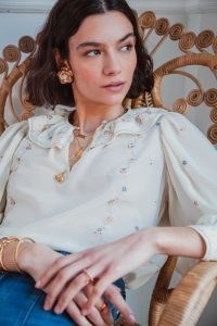 Beulah London EMBROIDERED ESTAA BLOUSE in MILK ~ women’s floral ruffled collar balloon sleeve silk crepe-de-chine blouses ~ beautiful fashion