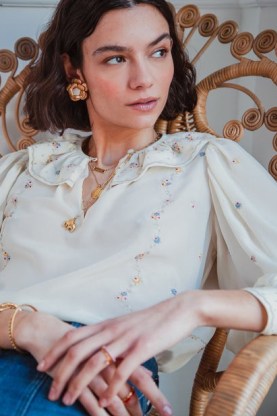 Beulah London EMBROIDERED ESTAA BLOUSE in MILK ~ women’s floral ruffled collar balloon sleeve silk crepe-de-chine blouses ~ beautiful fashion