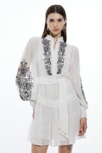 KAREN MILLEN Embroidery Bib Detail Woven Mini in Ivory / semi sheer floral embroidered dresses