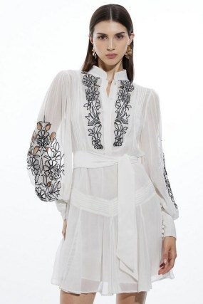 KAREN MILLEN Embroidery Bib Detail Woven Mini in Ivory / semi sheer floral embroidered dresses