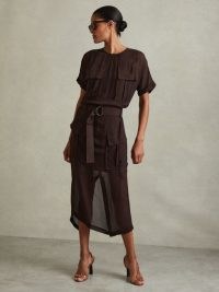 REISS ESSIE MESH UTILITY BELTED MIDI DRESS CHOCOLATE ~ chic dark brown semi sheer utilitarian dresses