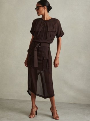 REISS ESSIE MESH UTILITY BELTED MIDI DRESS CHOCOLATE ~ chic dark brown semi sheer utilitarian dresses