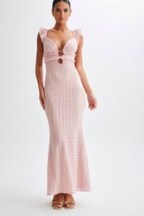 MESHKI EZRA Lace Maxi Dress Powder Pink ~ plunge front ruffle shoulder dresses ~ strappy open back tie details