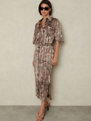 REISS FARAH SNAKE PRINT BELTED MIDI DRESS in NEUTRAL / chic animal print shirt dresses