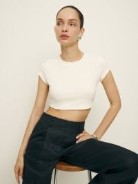 Reformation Paloma Knit Top in Fior Di Latte – white fitted cropped tee – short sleeve crop tops