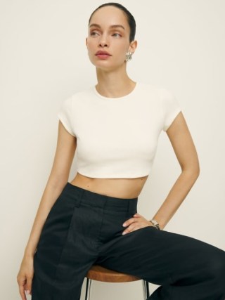 Reformation Paloma Knit Top in Fior Di Latte – white fitted cropped tee – short sleeve crop tops