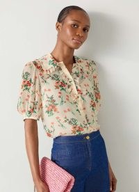 L.K. BENNETT Flora Ecru Wildflower Ruffle Blouse – floral puff sleeve blouses – feminine vintage style top – women’s retro look clothing