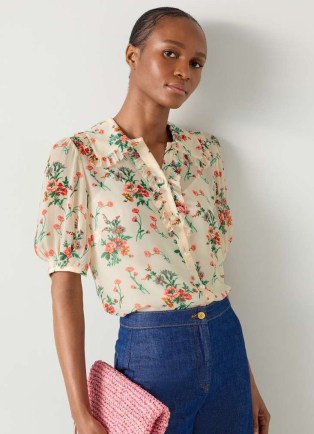 L.K. BENNETT Flora Ecru Wildflower Ruffle Blouse – floral puff sleeve blouses – feminine vintage style top – women’s retro look clothing