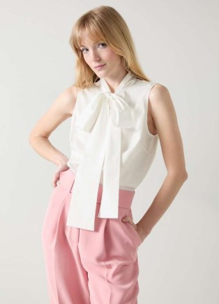 L.K. BENNETT Florian White Cotton Blouse – sleeveless pussybow blouses – women’s neck tie top