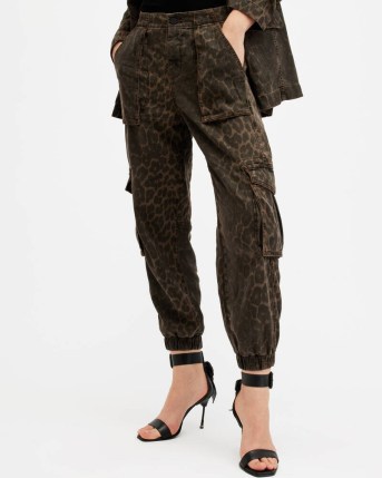 ALLSAINTS Freda Lightweight Denim Cargo Trousers in Leopard Green | women’s cuffed pocket detail trouser