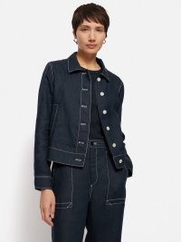 JIGSAW French Linen Cropped Jacket in Navy ~ women’s dark blue collared jackets