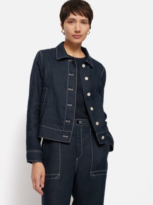 JIGSAW French Linen Cropped Jacket in Navy ~ women’s dark blue collared jackets