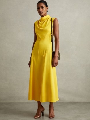 REISS GEORGIA COWL NECK SEAM DETAIL MIDI DRESS in YELLOW – chic sleeveless high drape neck occasion dresses