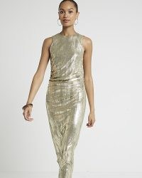 RIVER ISLAND Gold Foil Bodycon Midi Dress ~ glamorous sleeeveless metallic evening dresses ~ shiny party fashion