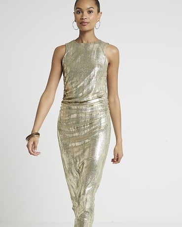 RIVER ISLAND Gold Foil Bodycon Midi Dress ~ glamorous sleeeveless metallic evening dresses ~ shiny party fashion