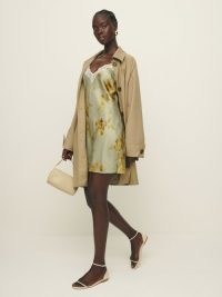 Reformation Marina Silk Dress in Golden Hour / floral lace trimmed mini slip dresses
