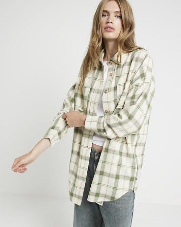 RIVER ISLAND Green Check Longline Shirt ~ women’s checked cotton longline relaxed fit shirts