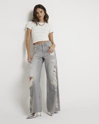 River Island Grey Low Rise Wide Baggy Ripped Jeans | women’s ripped denim clothes
