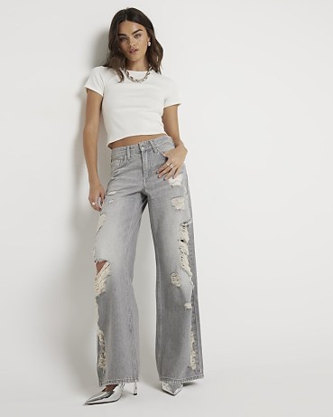 River Island Grey Low Rise Wide Baggy Ripped Jeans | women’s ripped denim clothes