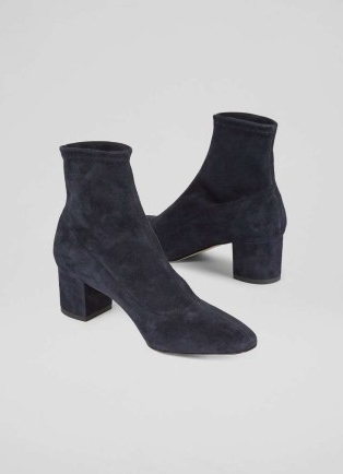 L.K. BENNETT Grove Navy Low Block Stretch Ankle Boots – women’s dark blue suede boot