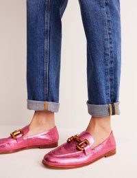 Boden Iris Snaffle Loafers in Bright Pink Metallic leather