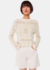 WHISTLES Crochet Detail Knit Colour: Ivory ~ off white open knit sweater ~ feminine long sleeve knitted top ~ scalloped neckline jumper