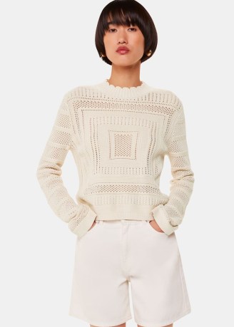 WHISTLES Crochet Detail Knit Colour: Ivory ~ off white open knit sweater ~ feminine long sleeve knitted top ~ scalloped neckline jumper