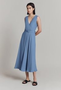 GHOST Ivy Crepe Belted Midi Dress Cornflower Blue – sleeveless V-neck dresses with bias cut skirt